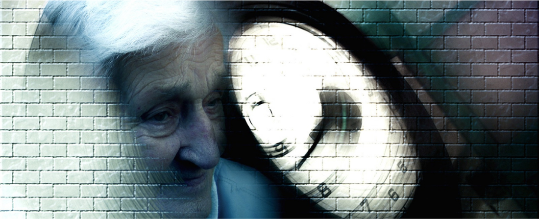 A pensive older person beside a softly lit clock, evoking memory and the passage of time