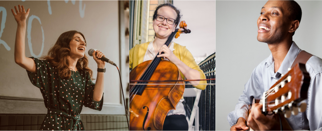 Three volunteer musicians singing and playing instruments